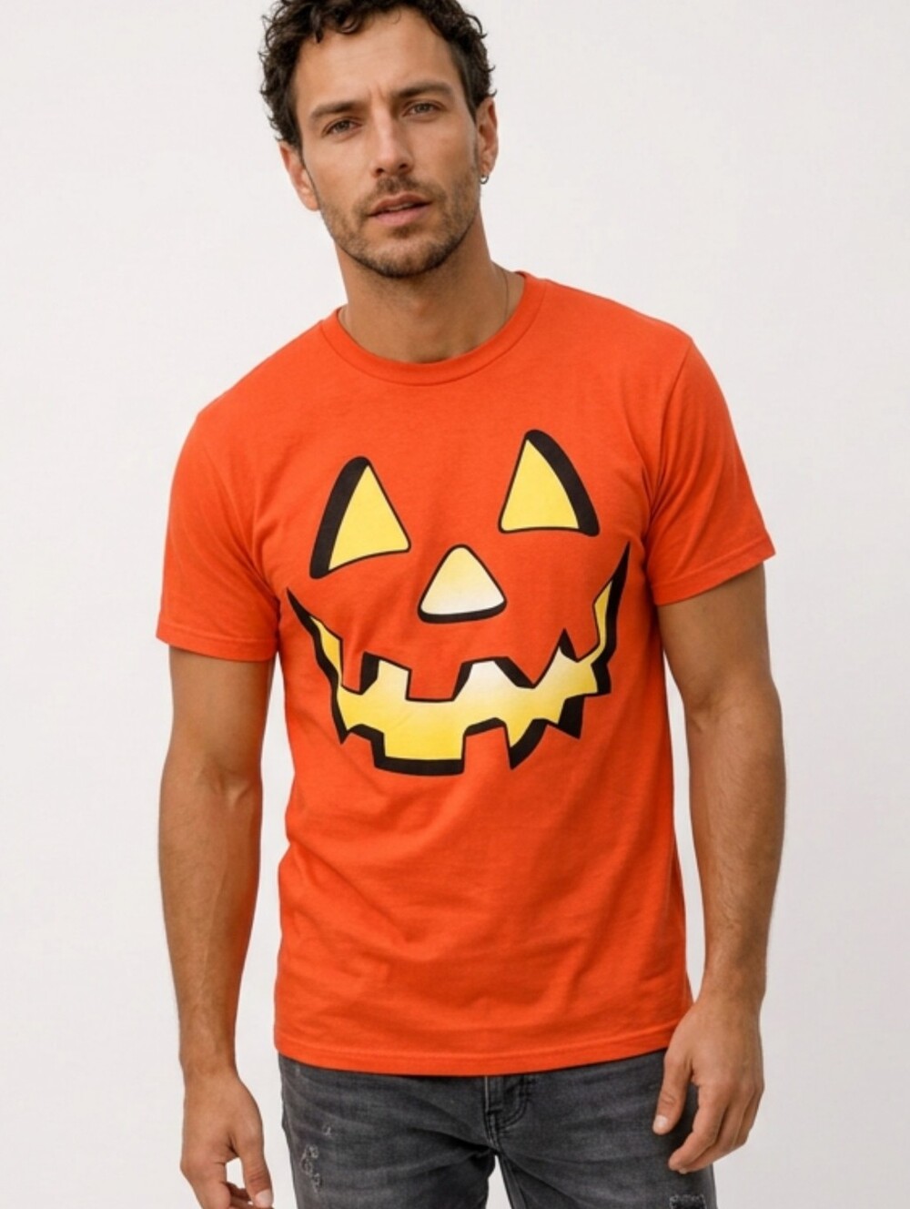 Mens Halloween Jack-O'-Lantern Pumpkin Orange Graphic T-Shirt Size M 38-40
